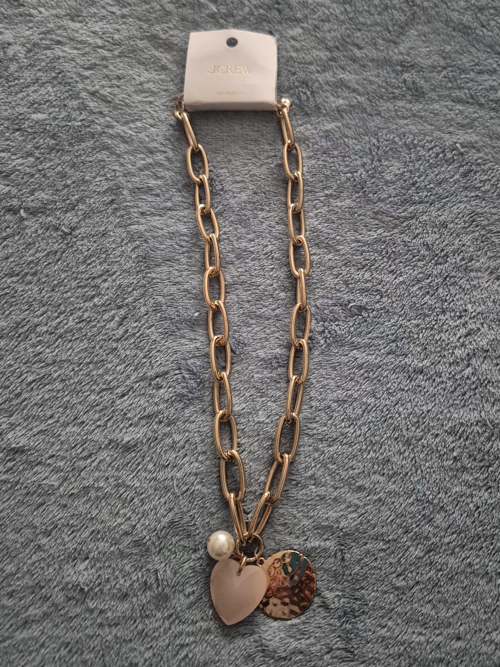 Chunky J. Crew Gold Chain Necklace with Pink Heart and Pearl Charm - Picture 3 of 4